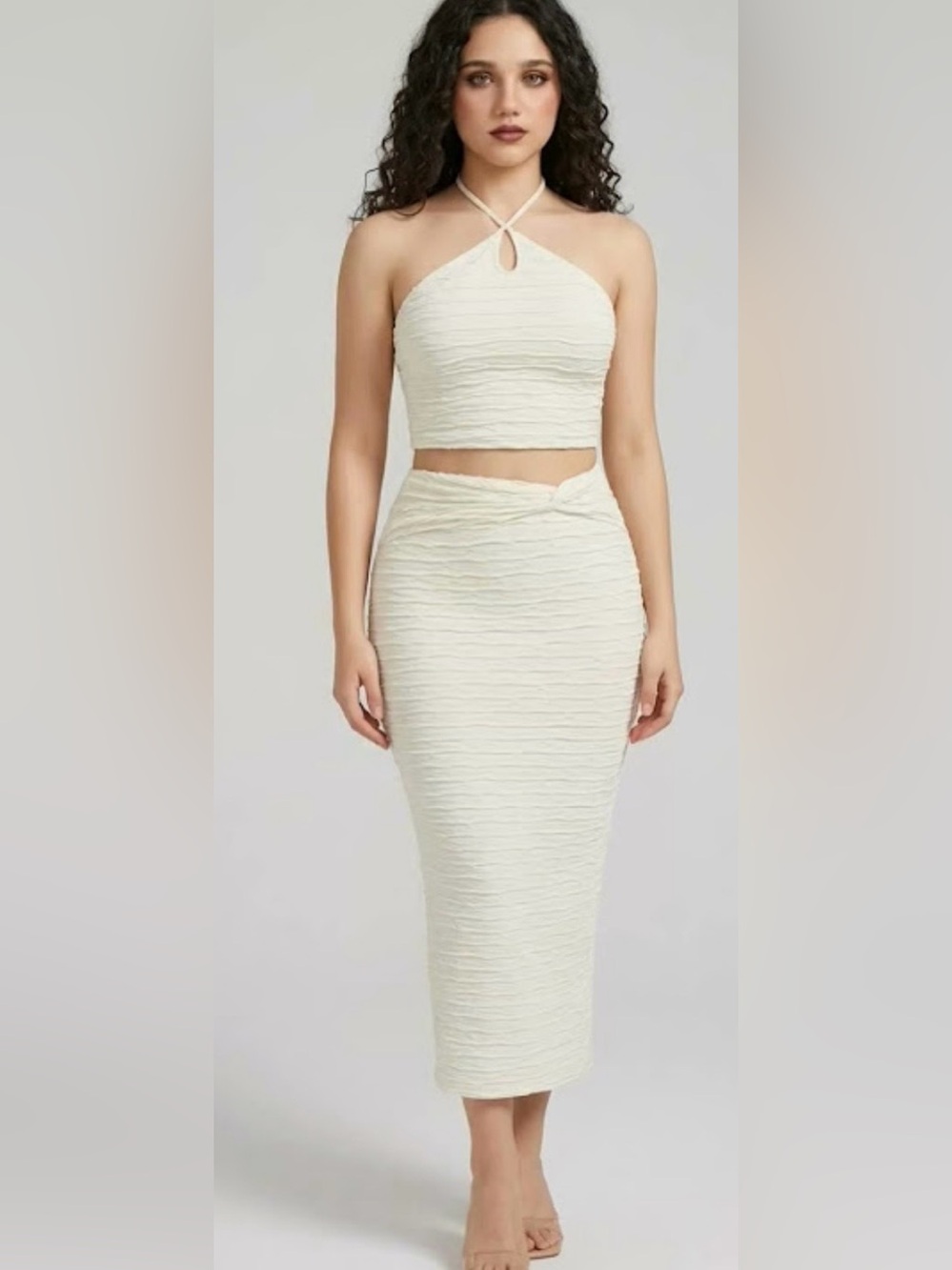 NWT Gorglitter Textured Cropped Halter Top + Midi Skirt w Twist Waist & Slit